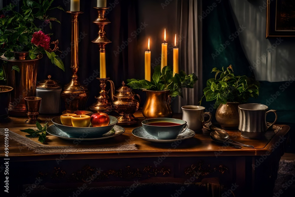 Details of a still life in a home's living room. a serving platter with a cup of tea and candles. Read and take a nap. cosy house