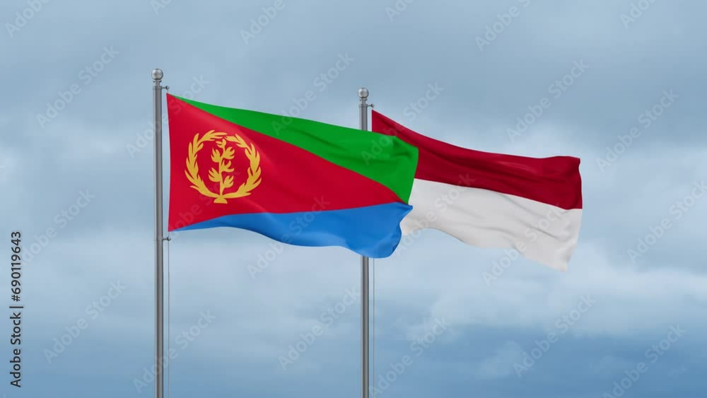 Indonesia flag and Eritrea flag waving together on cloudy sky, endless seamless loop, two country relations concept Indonesia flag and Eritrea flag waving together on cloudy sky, endless seamless loop, two country relations concept