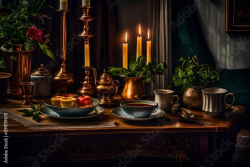Details of a still life in a home s living room. a serving platter with a cup of tea and candles. Read and take a nap. cosy house