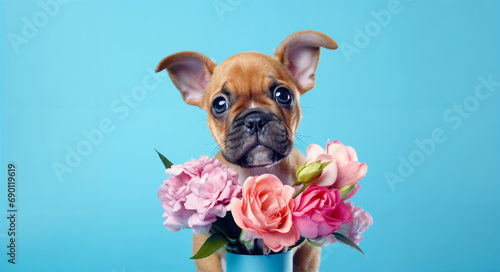 a dog is sitting in a blue vase with flowers in it's mouth and looking up at the camera, generative ai © Vitaliy