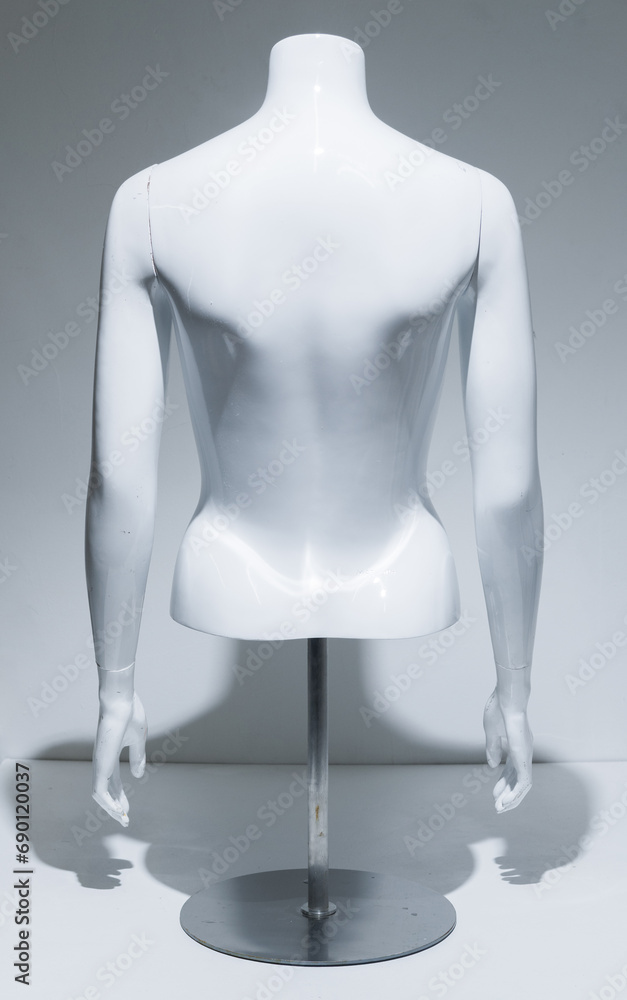 A Female Mannequin Torso With adjustable arms Arms, gloss White Chest . Bust Display on metal pole and base. Fashion model for retail stores to show off clothing. Retail displays. A Female Mannequin Torso With adjustable arms Arms, gloss White Chest . Bust Display on metal pole and base. Fashion model for retail stores to show off clothing. Retail displays.