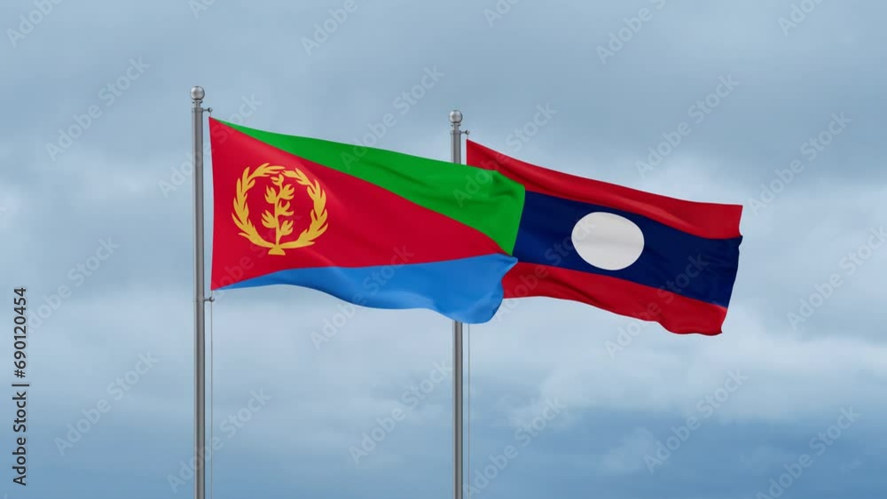 Laos flag and Eritrea flag waving together on cloudy sky, endless seamless loop, two country relations concept Laos flag and Eritrea flag waving together on cloudy sky, endless seamless loop, two country relations concept