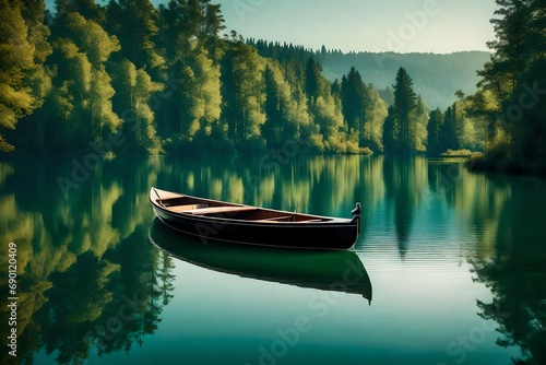 A solitary boat gently gliding on a serene lake. The water is calm, mirroring the peaceful surroundings, creating a tranquil scene © Arham