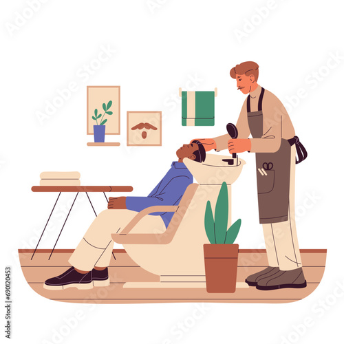 Barbershop master with moustache wash client hair before haircut. Beauty salon worker with work equipments in apron. Professional barber shop care, grooming. Flat isolated vector illustration on white