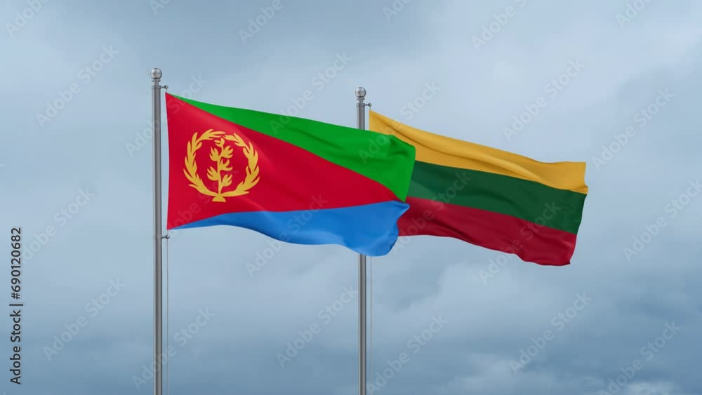 Lithuania flag and Eritrea flag waving together on cloudy sky, endless seamless loop, two country relations concept Lithuania flag and Eritrea flag waving together on cloudy sky, endless seamless loop, two country relations concept