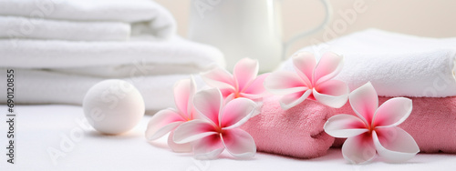 Spa towels and plumeria flowers. Selective focus.