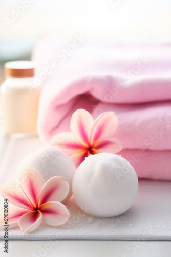 Spa towels and plumeria flowers. Selective focus.