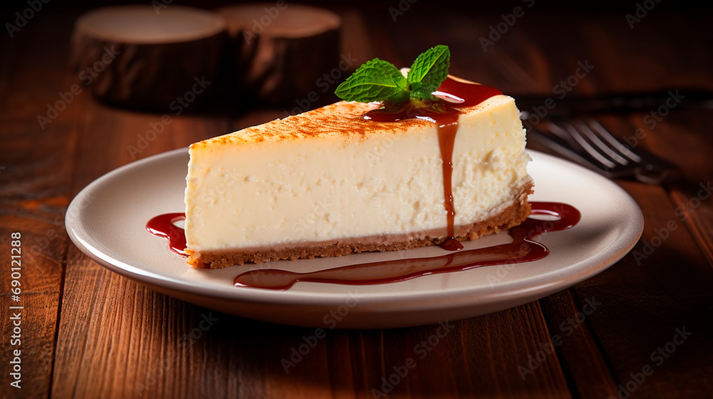 Beautiful cheesecake on the table. Selective focus. - obrazy, fototapety, plakaty 