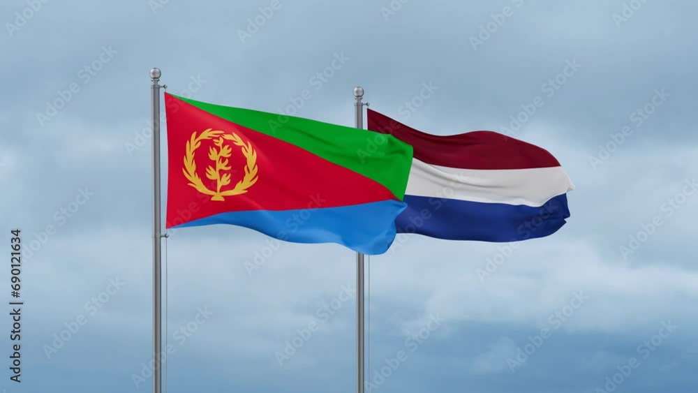 Netherlands flag and Eritrea flag waving together on cloudy sky, endless seamless loop, two country relations concept Netherlands flag and Eritrea flag waving together on cloudy sky, endless seamless loop, two country relations concept