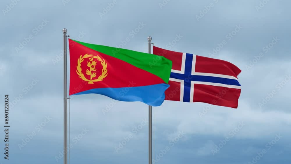 Norway flag and Eritrea flag waving together on cloudy sky, endless seamless loop, two country relations concept Norway flag and Eritrea flag waving together on cloudy sky, endless seamless loop, two country relations concept
