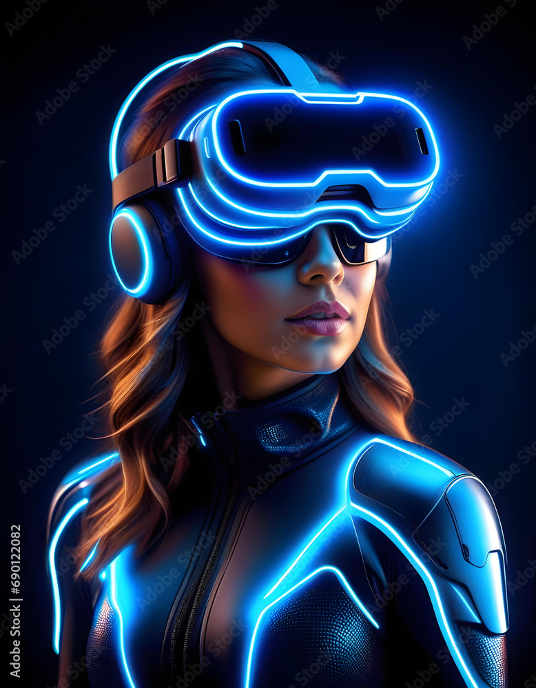 Young girl wearing VR glasses. Neon Futuristic Look Stock Photo | Adobe ...