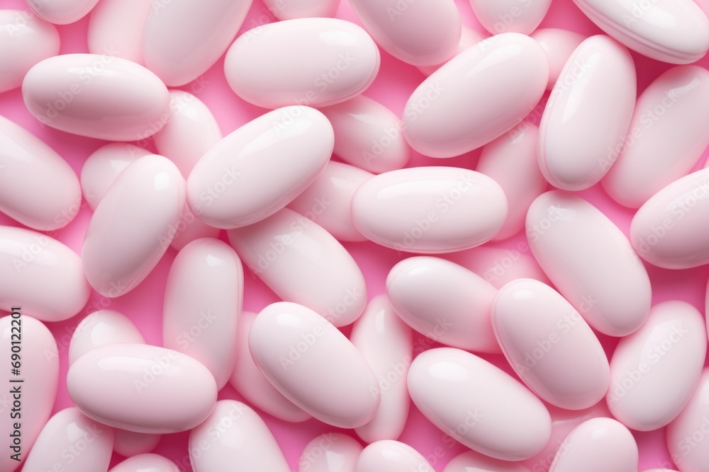 A detailed image showcasing a collection of pink oval pills against a bright pink surface. Perfect for concepts related to health, medicine, pharmaceuticals, and wellness. A detailed image showcasing a collection of pink oval pills against a bright pink surface. Perfect for concepts related to health, medicine, pharmaceuticals, and wellness.