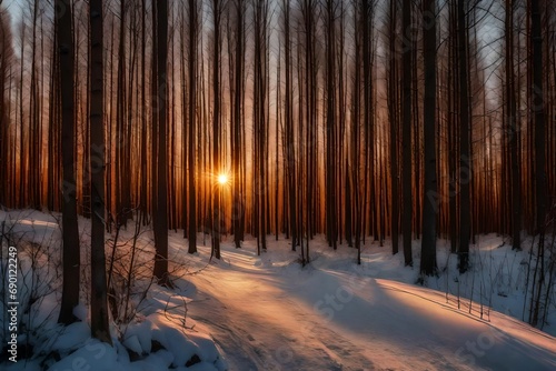 Zachód słońca w lesie w okresie zimowym