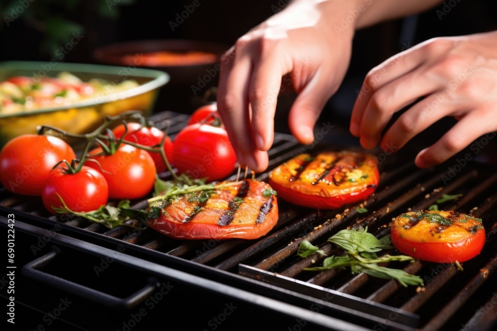 a pair of hands picking up a grilled tomato from a tray