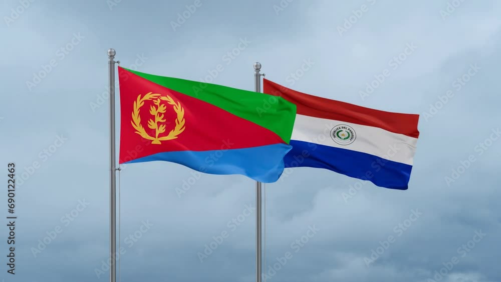 Paraguay flag and Eritrea flag waving together on cloudy sky, endless seamless loop, two country relations concept Paraguay flag and Eritrea flag waving together on cloudy sky, endless seamless loop, two country relations concept