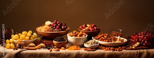 Nuts and dried fruits on the table. Selective focus