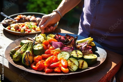 human serving a plate of freshly barbecued veggies