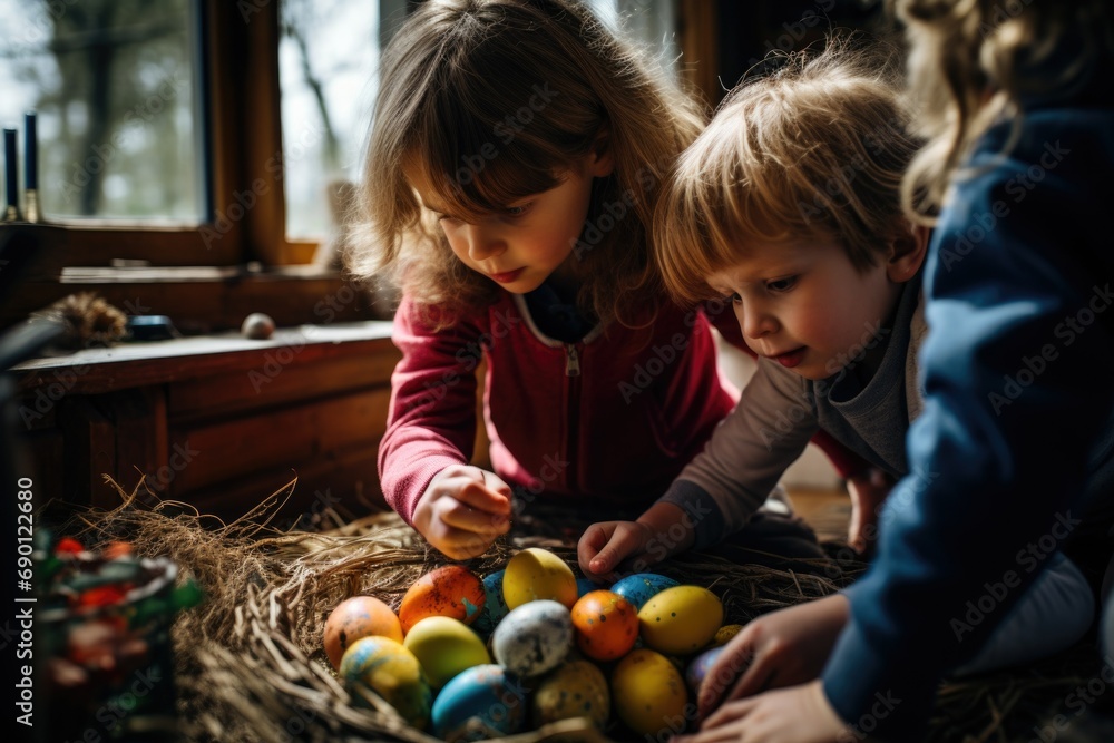 Fototapeta premium Children coloring Easter eggs indoors in a cozy, rustic environment during springtime activities in the afternoon light