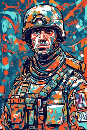 abstract painting of an American soldier ready for battle wearing camouflage in full uniform