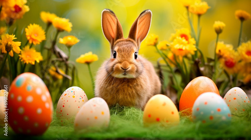 Easter bunny and many Easter eggs. Selective focus.