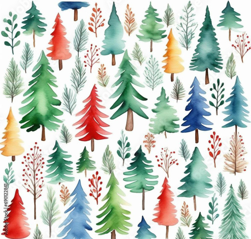 Watercolor Christmas trees, postcard