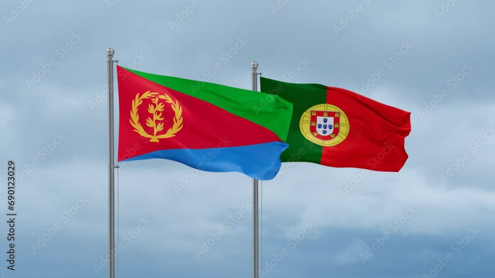 Portugal and Eritrea flag waving together on cloudy sky, endless seamless loop, two country cooperation concept Portugal and Eritrea flag waving together on cloudy sky, endless seamless loop, two country cooperation concept