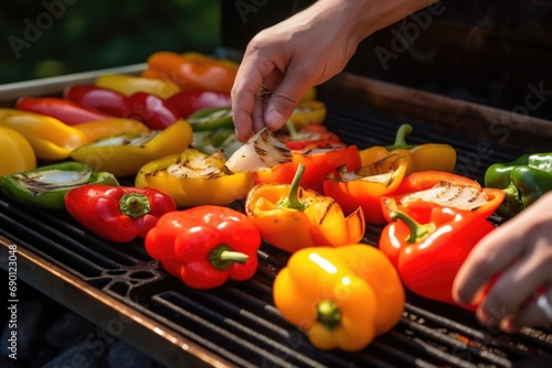 person flipping bell peppers on hot grill