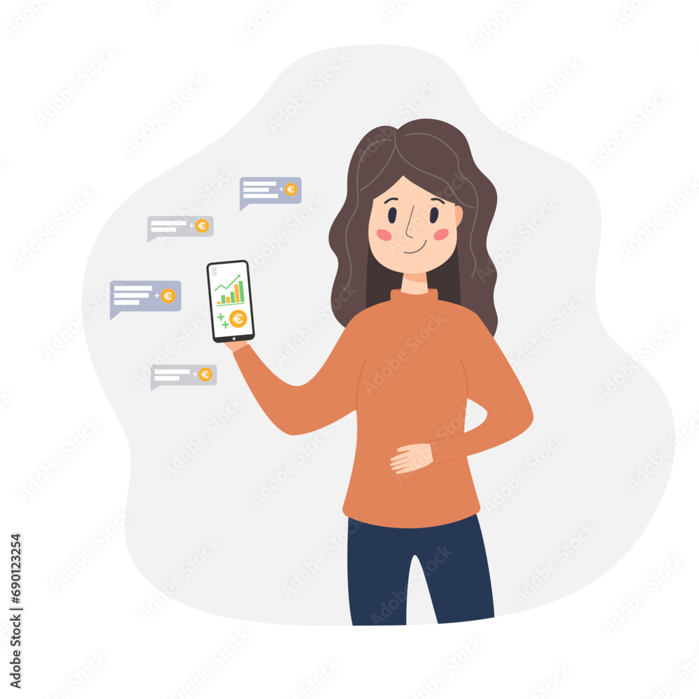 Online banking concept. Woman with online banking or online payment on smartpone. Vector illustration in flat cartoon style. Online banking concept. Woman with online banking or online payment on smartpone. Vector illustration in flat cartoon style.