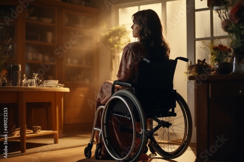 Young disabled woman in a wheelchair at home in the living room