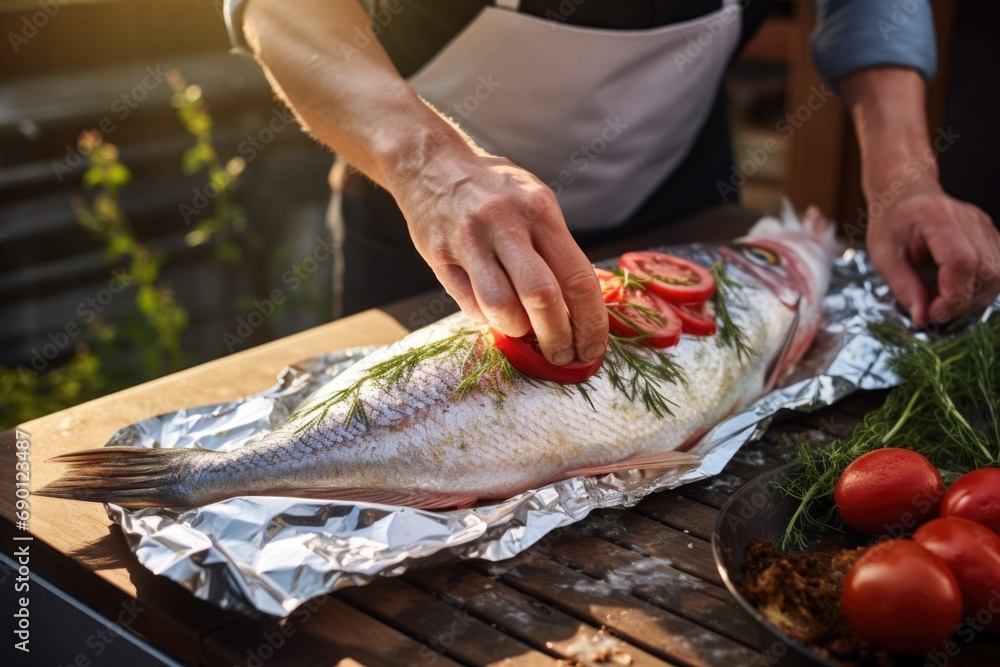 person wrapping fish in foil before grilling