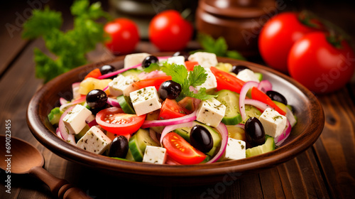Greek salad in a plate. Selective focus.