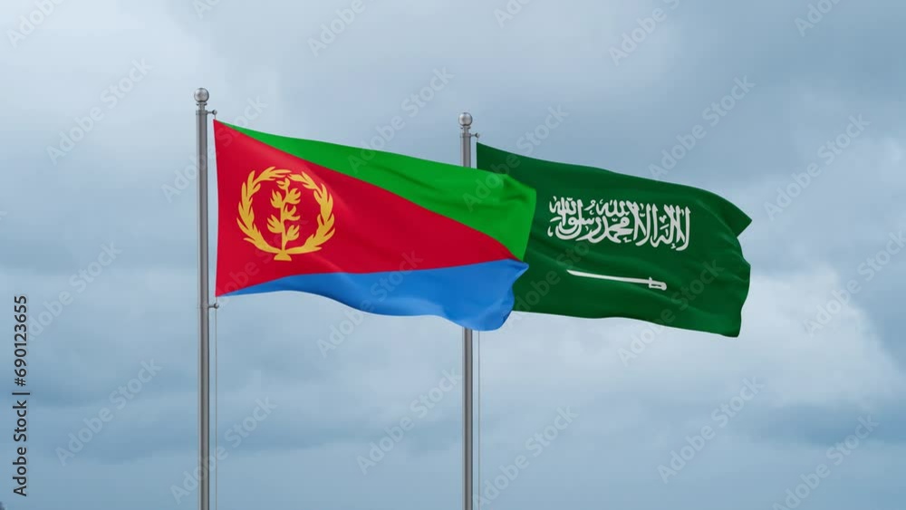 Eritrea and Saudi Arabia flags waving together on cloudy sky, endless seamless loop Eritrea and Saudi Arabia flags waving together on cloudy sky, endless seamless loop