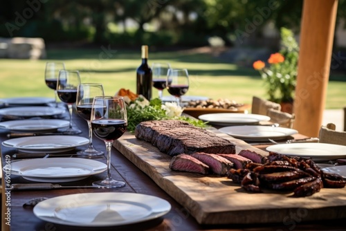 outdoor set table with grilled steak serving ready