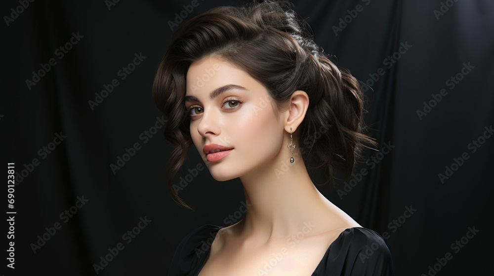 Sophisticated portrait of a woman with styled hair, wearing a dark top, set against a black background. Captures elegance and mood with subtle lighting and poised expression Sophisticated portrait of a woman with styled hair, wearing a dark top, set against a black background. Captures elegance and mood with subtle lighting and poised expression