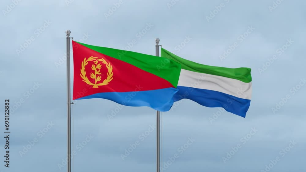 Sierra Leone or Salone and Eritrea flag waving together on cloudy sky, endless seamless loop, two country cooperation concept Sierra Leone or Salone and Eritrea flag waving together on cloudy sky, endless seamless loop, two country cooperation concept