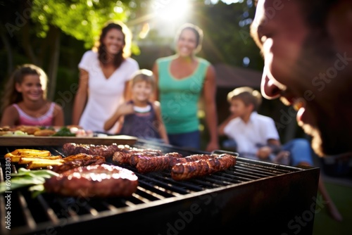 family enjoying bbq: meat sizzling on grill in focus