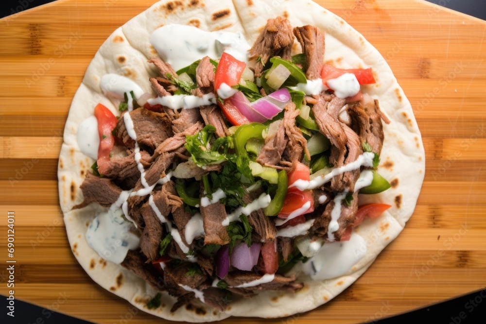 the delicious detailing of a gyro from a birds-eye view