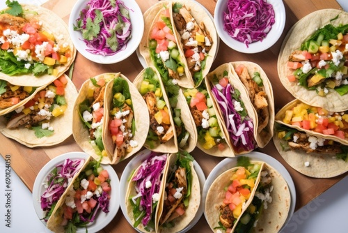 overhead shot of a spread of colorfully filled gyros photo