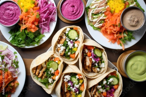 overhead shot of a spread of colorfully filled gyros
