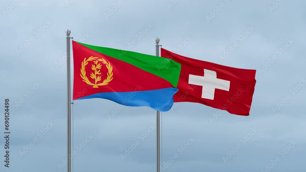 Switzerland and Eritrea flag waving together on cloudy sky, endless seamless loop, two country cooperation concept Switzerland and Eritrea flag waving together on cloudy sky, endless seamless loop, two country cooperation concept
