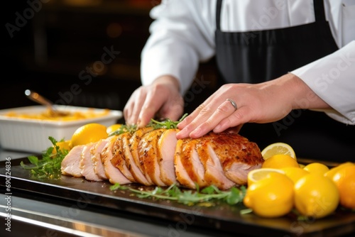chef placing lemon slices on pork loin