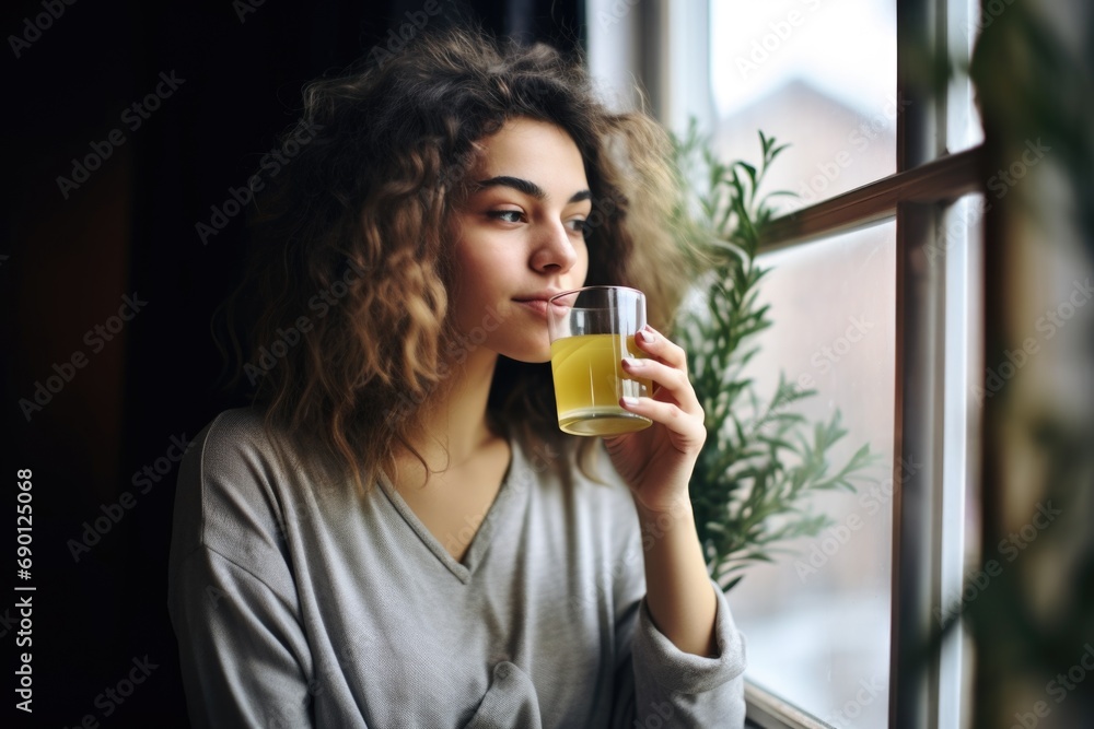 woman sipping herbal tea by the window woman sipping herbal tea by the window