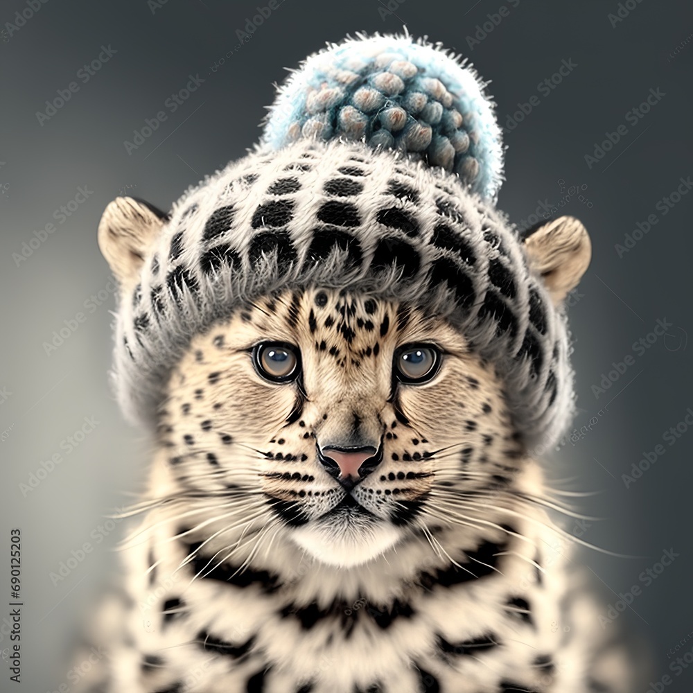 Obraz premium Close up portrait of a beautiful leopard in a knitted hat with a pompom on light gray background. Funny wild cat animal portrait little cute cold winter warm fluffy kid jaguar Generative AI 