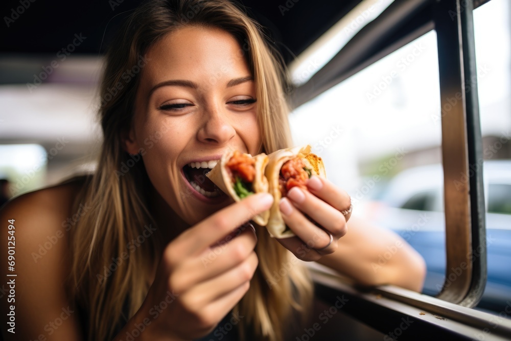 girl enjoying a smoked chicken taco at food truck girl enjoying a smoked chicken taco at food truck
