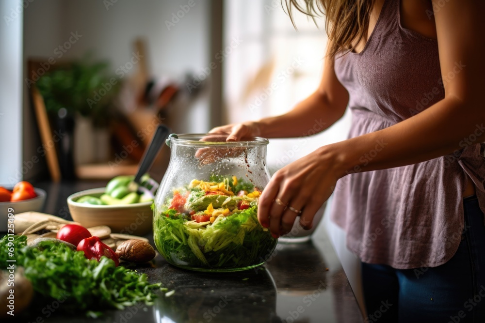 woman tossing salad to pair with smoked chicken meal woman tossing salad to pair with smoked chicken meal