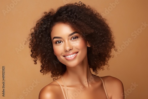 A beautiful young black woman with curly hair and an attractive facial expression showing off her natural beauty.