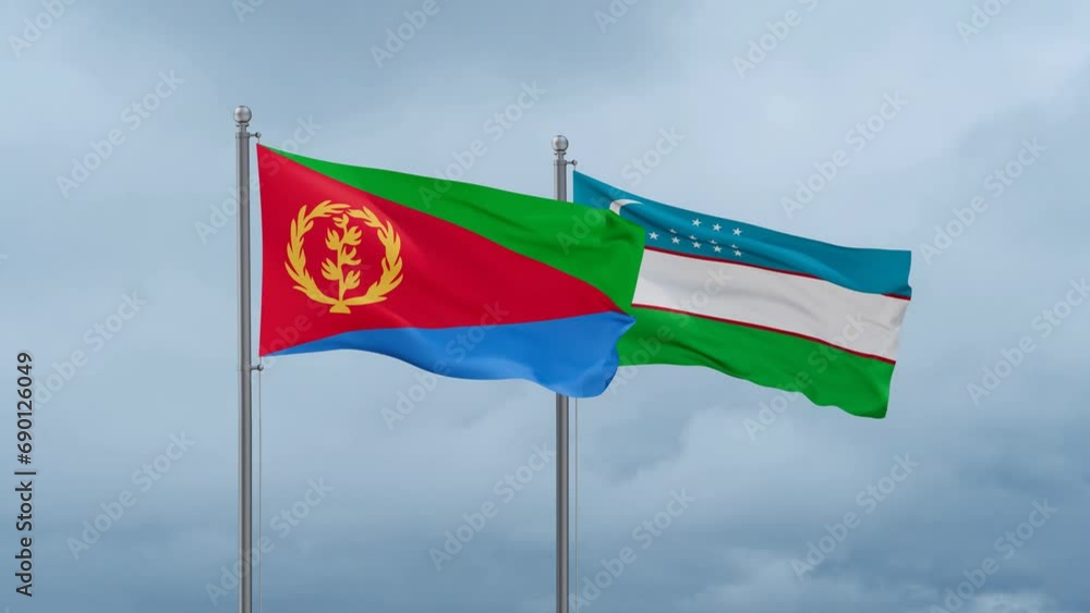 Republic of Uzbekistan and Eritrea flag waving together on cloudy sky, endless seamless loop, two country cooperation concept Republic of Uzbekistan and Eritrea flag waving together on cloudy sky, endless seamless loop, two country cooperation concept