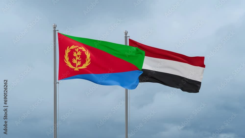Yemen and Eritrea flag waving together on cloudy sky, endless seamless loop, two country cooperation concept Yemen and Eritrea flag waving together on cloudy sky, endless seamless loop, two country cooperation concept