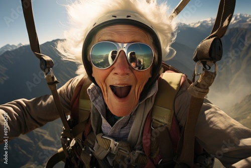 an elderly woman is flying the air on a parachut