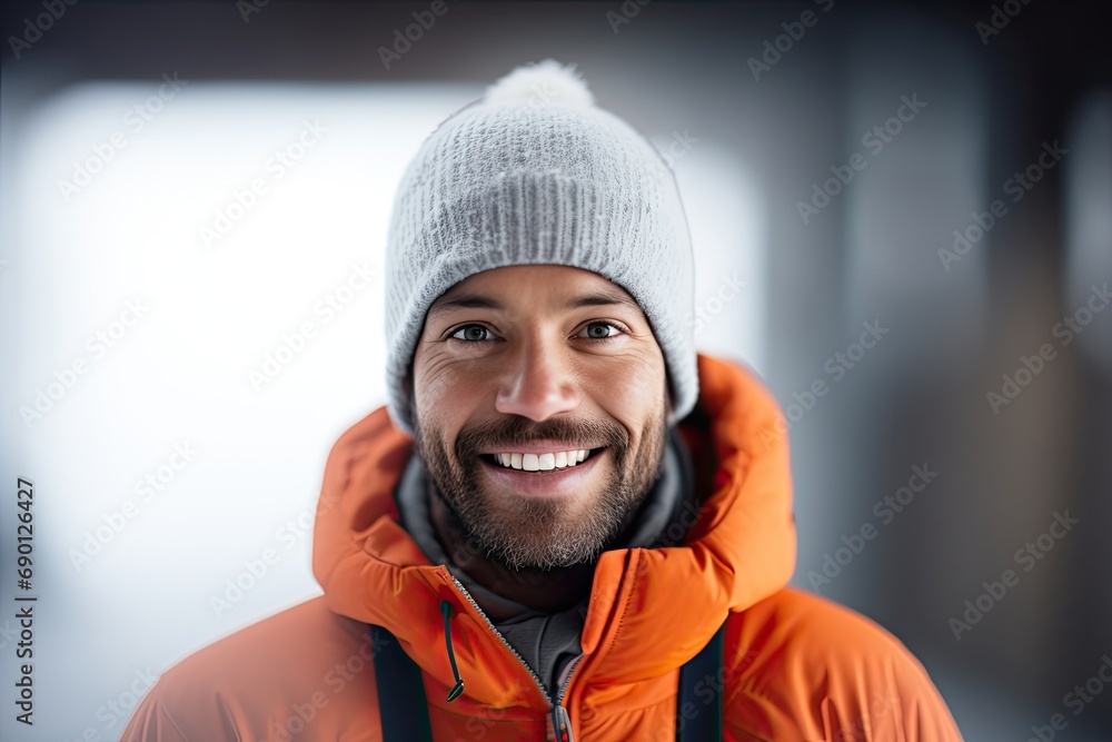 A young bearded man in a stylish winter outfit, enjoying the snowy outdoors with a warm smile. A young bearded man in a stylish winter outfit, enjoying the snowy outdoors with a warm smile.